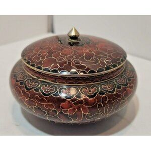 Vtg Chinese Cloisonne Enamel on Brass Handpainted Round Trinket Dish with Lid
